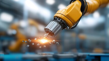 Portrait of a skilled engineer operating a robotic arm to meticulously assemble small intricate precision parts in a high tech industrial workshop or factory setting