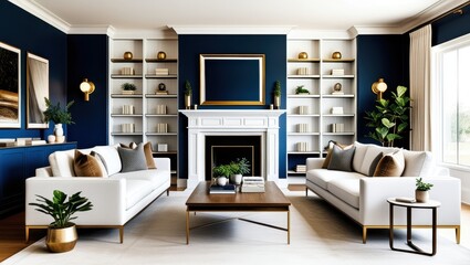 Modern luxurious living room, white fireplace, navy blue walls, gold accents, symmetrical bookshelves, white sofas, wooden coffee table, potted plants, minimalist decor, cozy atmosphere, interior desi