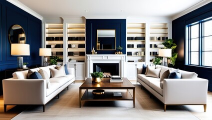 Fototapeta premium Modern luxurious living room, white fireplace, navy blue walls, gold accents, symmetrical bookshelves, white sofas, wooden coffee table, potted plants, minimalist decor, cozy atmosphere, interior desi