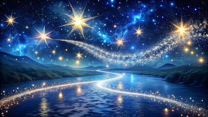 Flowing Star River with Glitter Under Starry Sky. Perfect for: Christmas, Night Sky Festivals, Stargazing Events