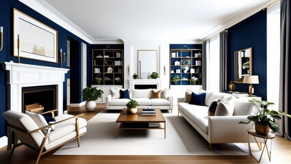 Fototapeta premium Modern luxurious living room, white fireplace, navy blue walls, gold accents, symmetrical bookshelves, white sofas, wooden coffee table, potted plants, minimalist decor, cozy atmosphere, interior desi