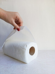 A woman's hand tears a paper towel from a roll. Roll of disposable paper towels made of virgin cellulose. Hygiene. Background, space for text. personal hygiene, hand hygiene.