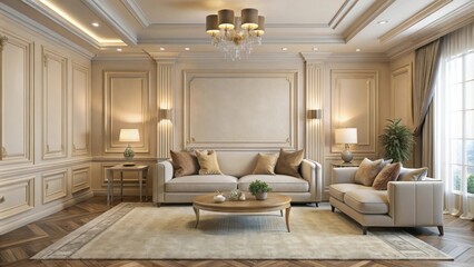 Fototapeta premium Elegant Living Room with Classic Design Featuring a Plush Sofa, Cozy Armchair, and an Ornate Chandelier
