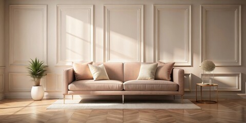 Fototapeta premium Elegant Beige Sofa in a Minimalist Living Room with White Trimmed Walls and Warm Hardwood Floors