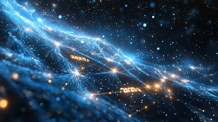 Fototapeta premium An enchanting night sky scene with the stars forming the constellation “2025,” bright stars glowing with radiant light, trails of stardust and shimmering effects connecting the numbers,
