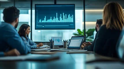 Business professionals reviewing data and charts in a modern office setting