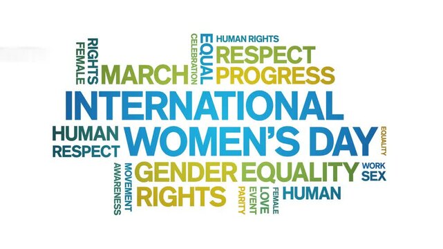 international Women's Day animated word cloud;text design animation tag kinetic typography seamless loop.