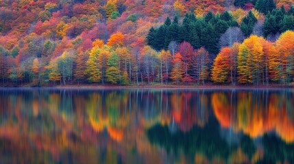 Serene Lake with Colorful Autumn Hues Reflecting