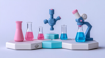 A toy with three hexagonal blocks, each featuring different elements like blue and pink beakers, test tubes, and a microscope.