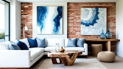 modern living room, coastal style, white sofa, blue and gray throw pillows, large abstract blue and white artwork, natural wood coffee table, live edge table, exposed brick wall, minimalist decor, gla