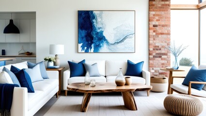 modern living room, coastal style, white sofa, blue and gray throw pillows, large abstract blue and white artwork, natural wood coffee table, live edge table, exposed brick wall, minimalist decor, gla
