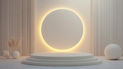 Minimalist White Platform with Backlit Circle in a Room with Vertical Stripes