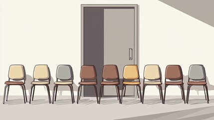 Row of chairs facing a closed door in a waiting area