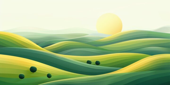 Green rolling hills with a bright sun. AI.