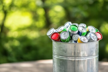 Recycling bin filled with empty aluminum cans, symbolizing eco-friendly practices and environmental awareness, with a green garden background, ideal for sustainability themes