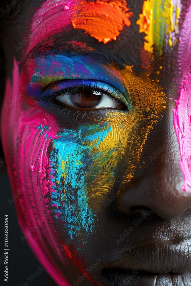 Poster A close-up of a person's eye with colorful makeup. AI.