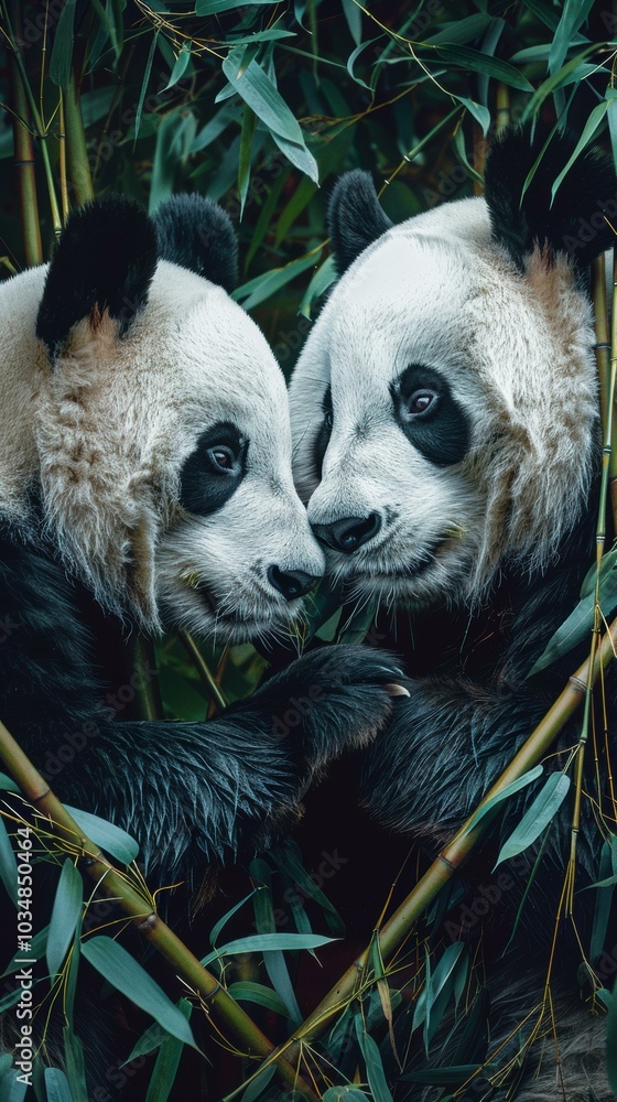 Poster Two pandas cuddling in a bamboo forest. AI.