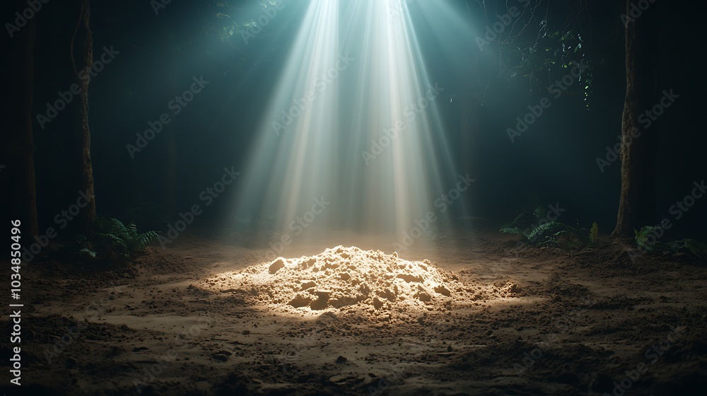 Poster mysterious illumination a hidden scene in the forest where beams of light illuminate a mound of eart
