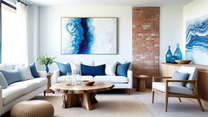 modern living room, coastal style, white sofa, blue and gray throw pillows, large abstract blue and white artwork, natural wood coffee table, live edge table, exposed brick wall, minimalist decor, gla