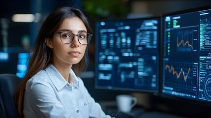Fototapeta premium Skilled Female Engineer Overseeing Futuristic Control Room with Advanced Monitoring of Complex Technological Systems and Displays