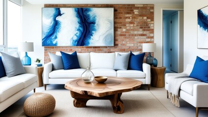 modern living room, coastal style, white sofa, blue and gray throw pillows, large abstract blue and white artwork, natural wood coffee table, live edge table, exposed brick wall, minimalist decor, gla
