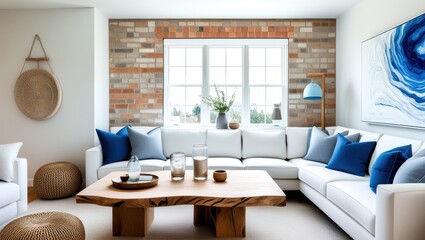 modern living room, coastal style, white sofa, blue and gray throw pillows, large abstract blue and white artwork, natural wood coffee table, live edge table, exposed brick wall, minimalist decor, gla