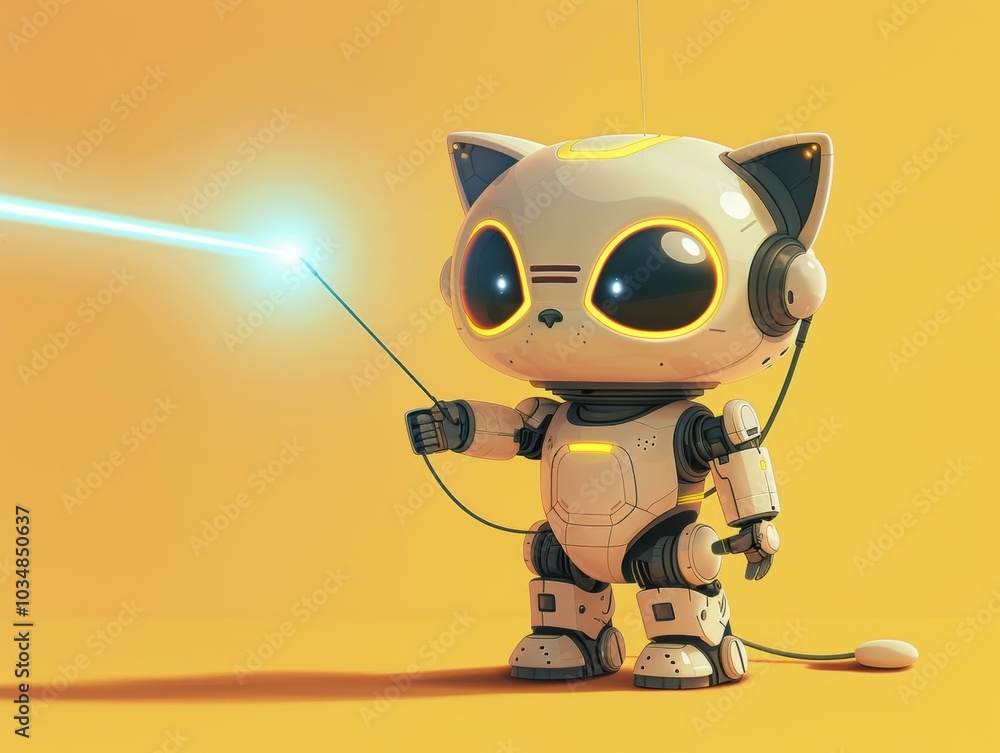 Poster a robotic cat with glowing eyes and a laser pointer. ai.