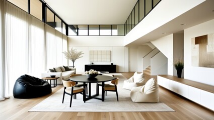 Modern minimalist interior, open concept living space, white brick wall, large windows, natural light, wooden floors, round black dining table, contemporary dining chairs, organic-shaped poufs, sleek 