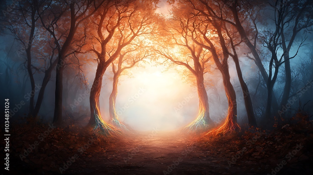 Poster enchanting forest pathway illuminated by golden light under autumn leaves creating a mystical atmosp