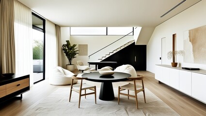 Fototapeta premium Modern minimalist interior, open concept living space, white brick wall, large windows, natural light, wooden floors, round black dining table, contemporary dining chairs, organic-shaped poufs, sleek 