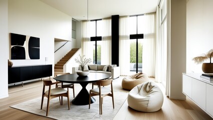 Fototapeta premium Modern minimalist interior, open concept living space, white brick wall, large windows, natural light, wooden floors, round black dining table, contemporary dining chairs, organic-shaped poufs, sleek 