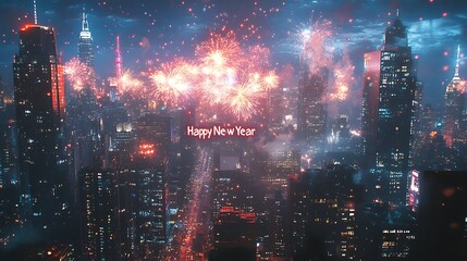 Fireworks exploding over a bustling cityscape, large "Happy New Year" text in the center, colorful sparks and smoke trails, skyscrapers glowing with lights, festive confetti overlay,