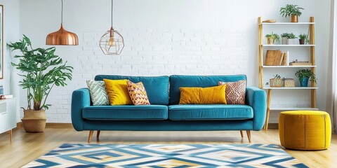 Fototapeta premium Modern living room interior, teal blue sofa, white shelving unit, wooden furniture, yellow pouf, colorful pillows, geometric rug, indoor plants, copper pendant lights, white brick wall, hardwood floor
