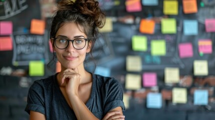 A woman with glasses smiles while looking at the camera. AI.