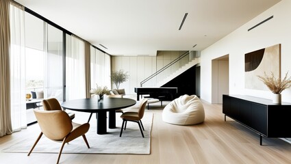 Modern minimalist interior, open concept living space, white brick wall, large windows, natural light, wooden floors, round black dining table, contemporary dining chairs, organic-shaped poufs, sleek 