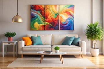 Elegant living room with colorful abstract artwork and plants