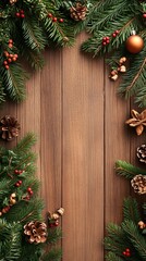 Christmas Fir Branches on Wooden Background.