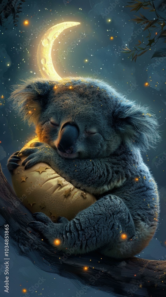 Canvas Prints A koala sleeps peacefully under a crescent moon. AI.