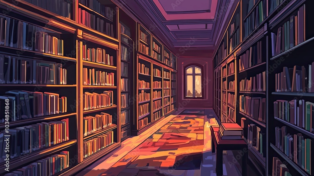 Poster a sunlit passageway between two bookcases in a library