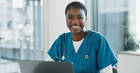 Hospital, doctor and black woman with laptop, portrait and smile with research, online results and...