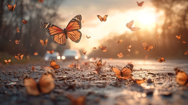 A serene sunset scene with monarch butterflies taking flight amidst a quiet road capturing the beauty of nature in motion