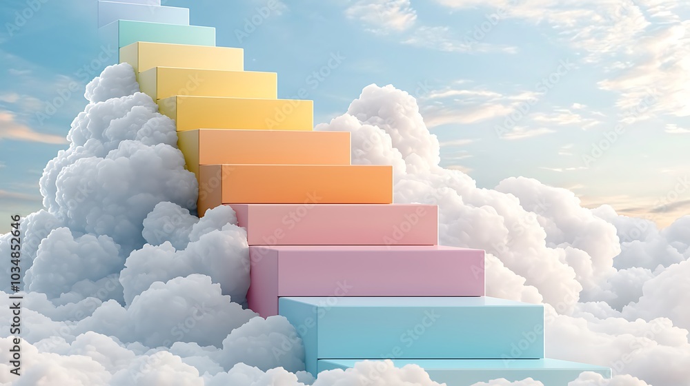 Poster a serene journey through colorful steps into the clouds an inspirational pathway to dreams and aspir