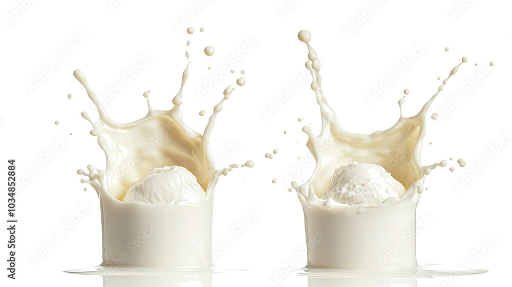 Poster dynamic milk splashes from two cups against a clear background generative ai