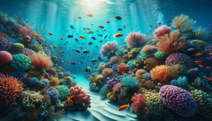 Naklejka premium Colorful coral reef teeming with marine life, illuminated by sunlight filtering through the clear ocean water
