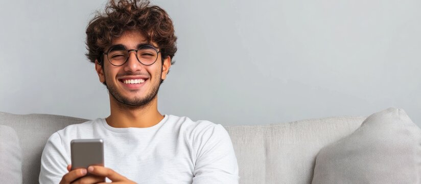 A young man with curly hair and glasses smiles as he looks at his phone while sitting on a couch.