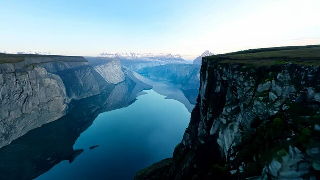 Fly-through high-speed video of Trolltunga, Norway in misty morning light, revealing the sheer drop below and fjords in the distance