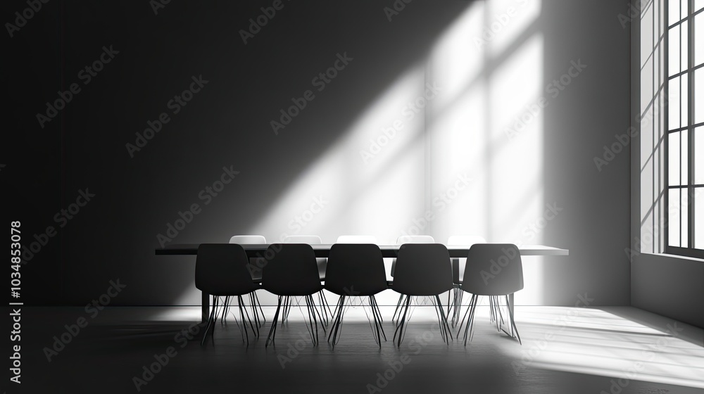 Poster empty table and chairs in a room with a window