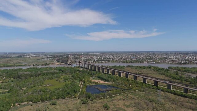 Aerial view of suspension bridge Z&aacute;rate Brazo Largo over Paran&aacute; River, Argentina