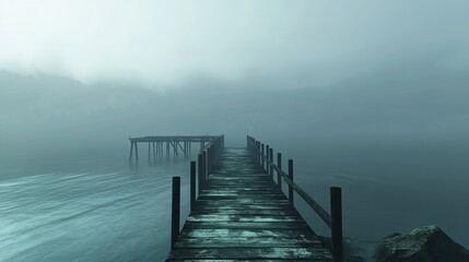 Obraz premium A Foggy Morning View of a Wooden Dock Extending into a Misty Lake