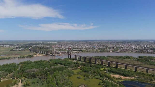 Wide aerial view of the cable-stayed bridge over the Paran&aacute; River in the city of Zarate. Buenos Aires, Argentina.